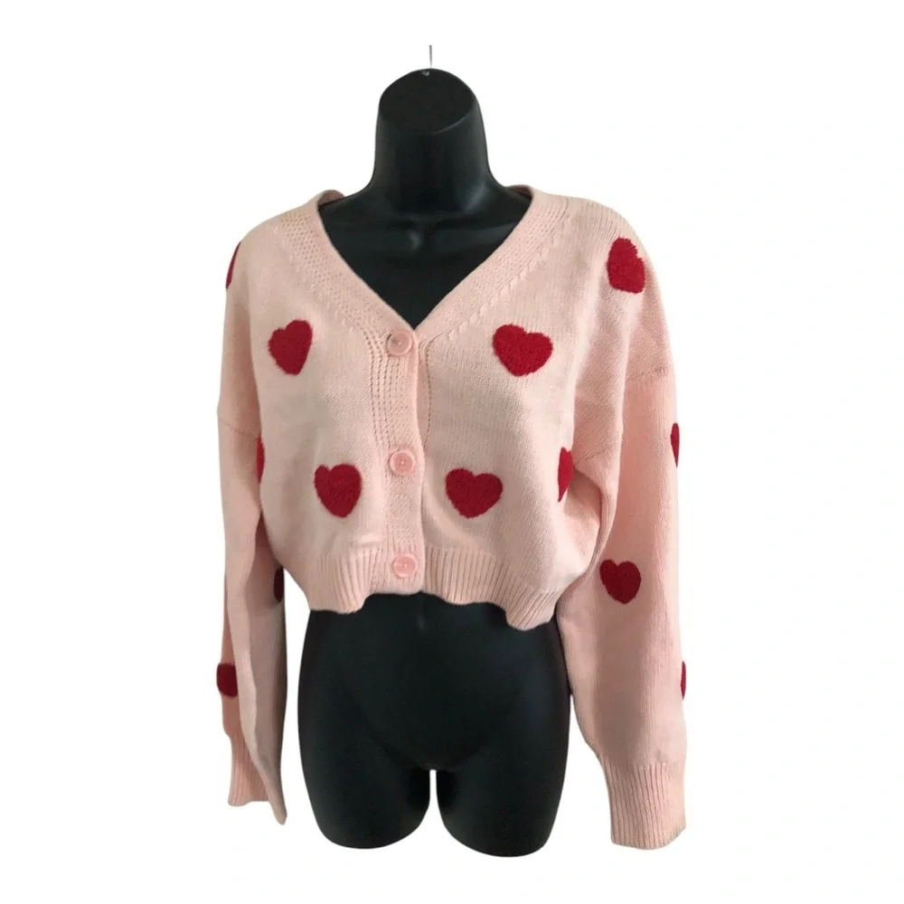 Jessica Simpson tufted embroidered red hearts cropped pink cardigan‎ size medium
